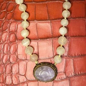 Antique Rose Quartz CArved Shou Beads Amethyst Filigree Pendant Shou Beads